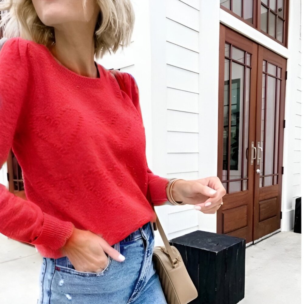 LOFT Wool Blend Bobble Heart Crew Neck Sweater in heather red (size XS)